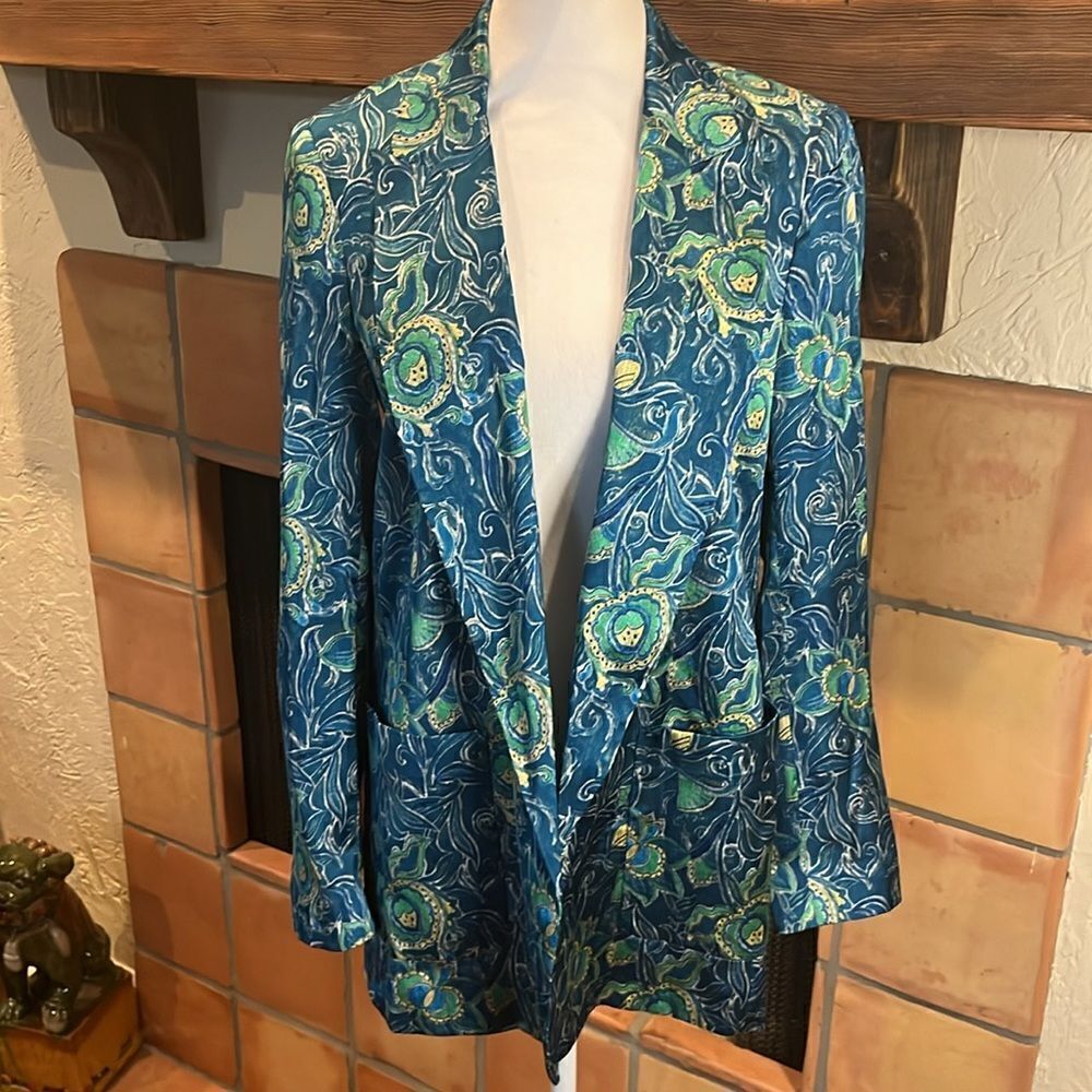 ZARA Blue Satin Blazer Jacket Open Front Floral Lined, Size Small